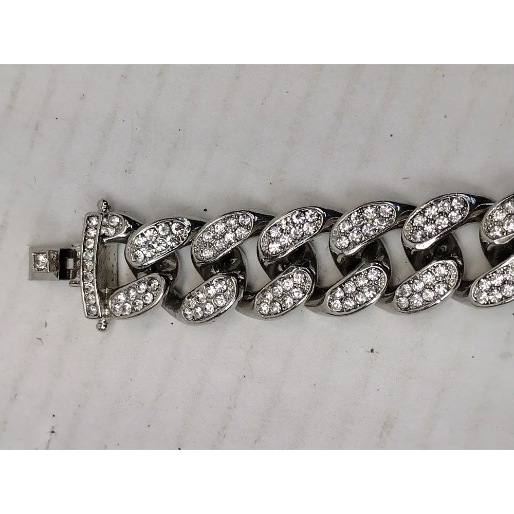 Miami Cuban Link Bracelet Silver Tone Solid Heavy Full Of Rhinestones Hip Hop